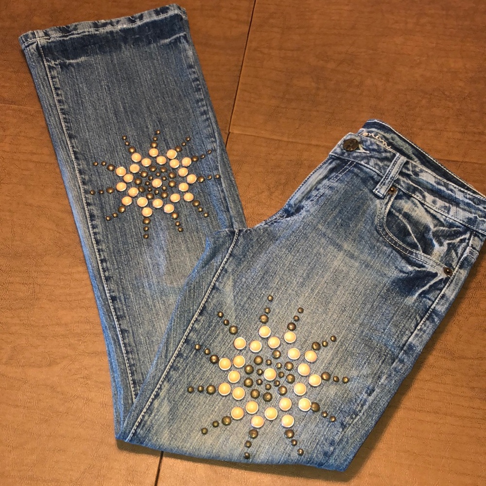 Embellished Distressed Stretch Denim Blue Jeans